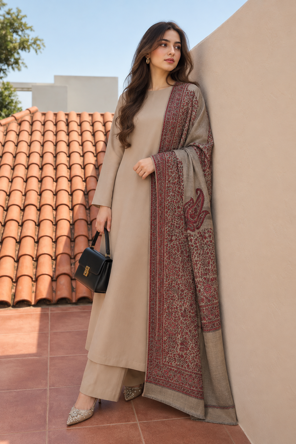 Beige Pashmina Shawl for Women – Elegant Printed Wrap